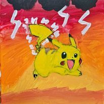 A painting of a pikachu flying through the air with lightning coming from the sky.