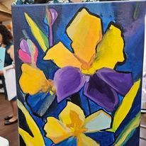 A painting of yellow and purple flowers on a blue background.