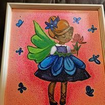 A painting of a fairy in a blue dress holding flowers.