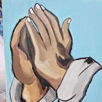 A painting of a man 's hands folded in prayer on a blue background.