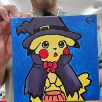 Colorful painting of a cute yellow character wearing a witch hat and purple cloak, with big eyes and a surprised expression.