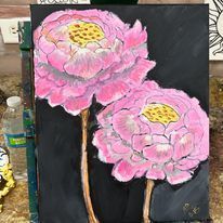 It is a painting of two pink flowers on a black background.