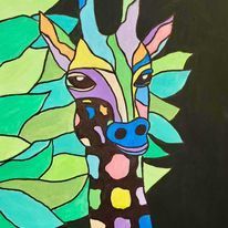 A colorful painting of a giraffe with leaves in the background.