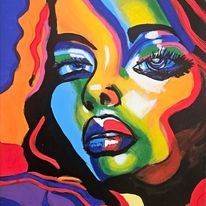 A close up of a colorful painting of a woman 's face.