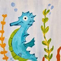 A blue seahorse is swimming in the ocean surrounded by seaweed.