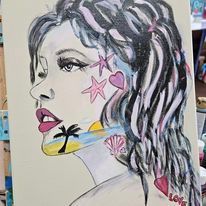 It is a painting of a woman with a palm tree on her face.