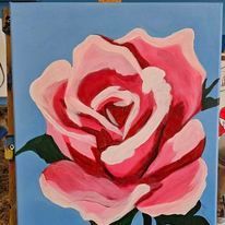 It is a painting of a pink rose on a blue background.