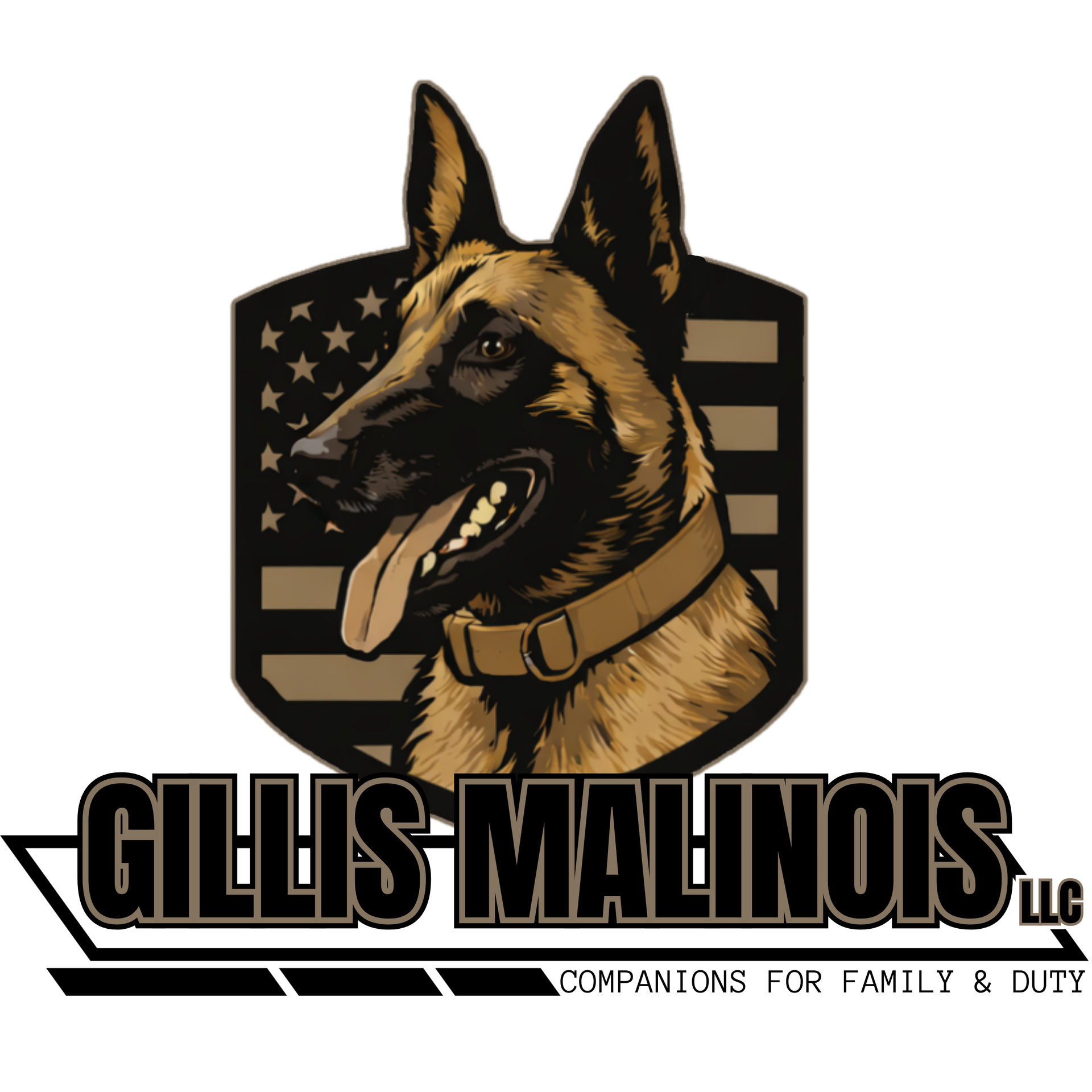 Logo: Belgian Malinois dog with tongue out inside a green and black shield, "Gillis Malinois LLC" text below.