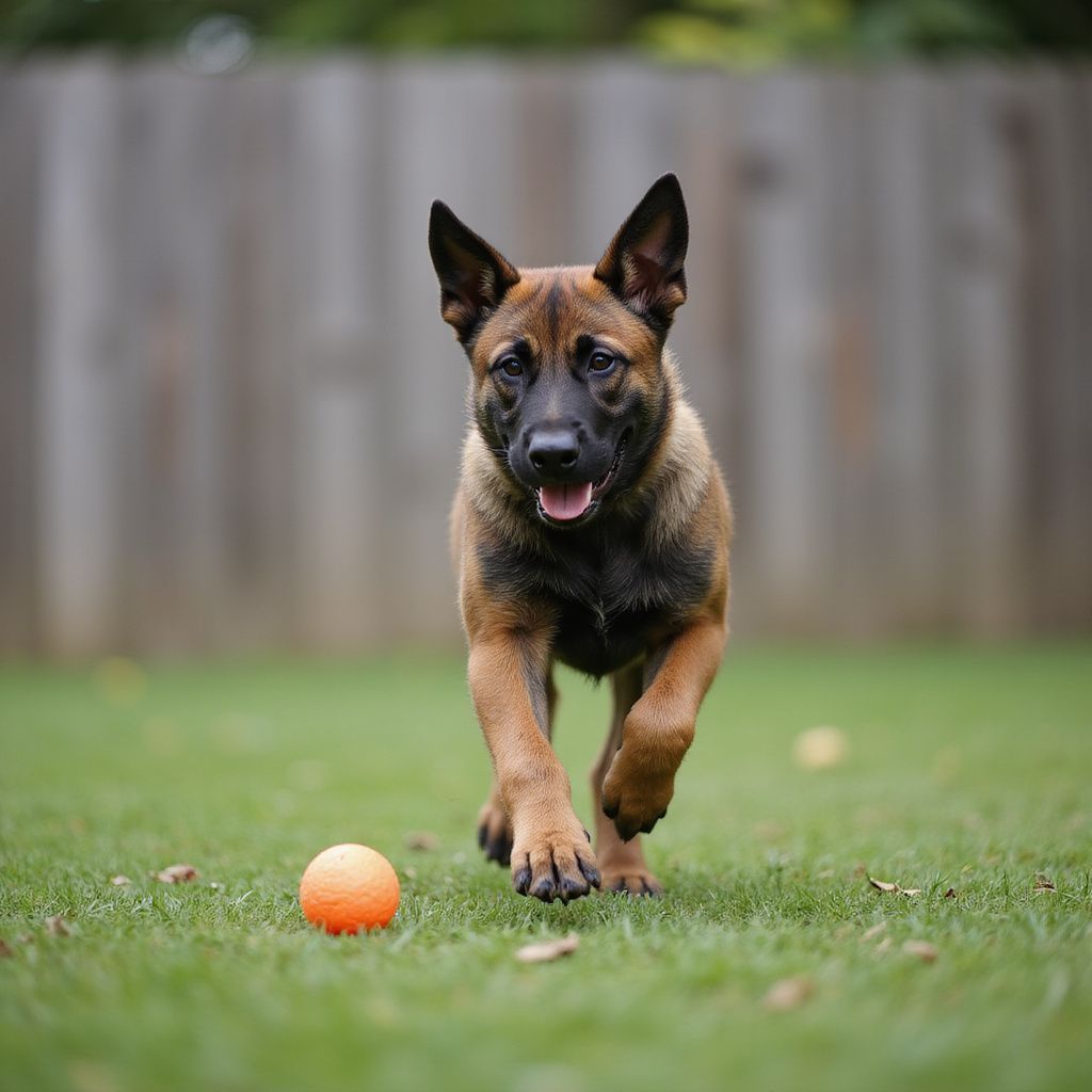 Belgian Malinois puppy runs towards the camera on green grass, an orange ball in front.