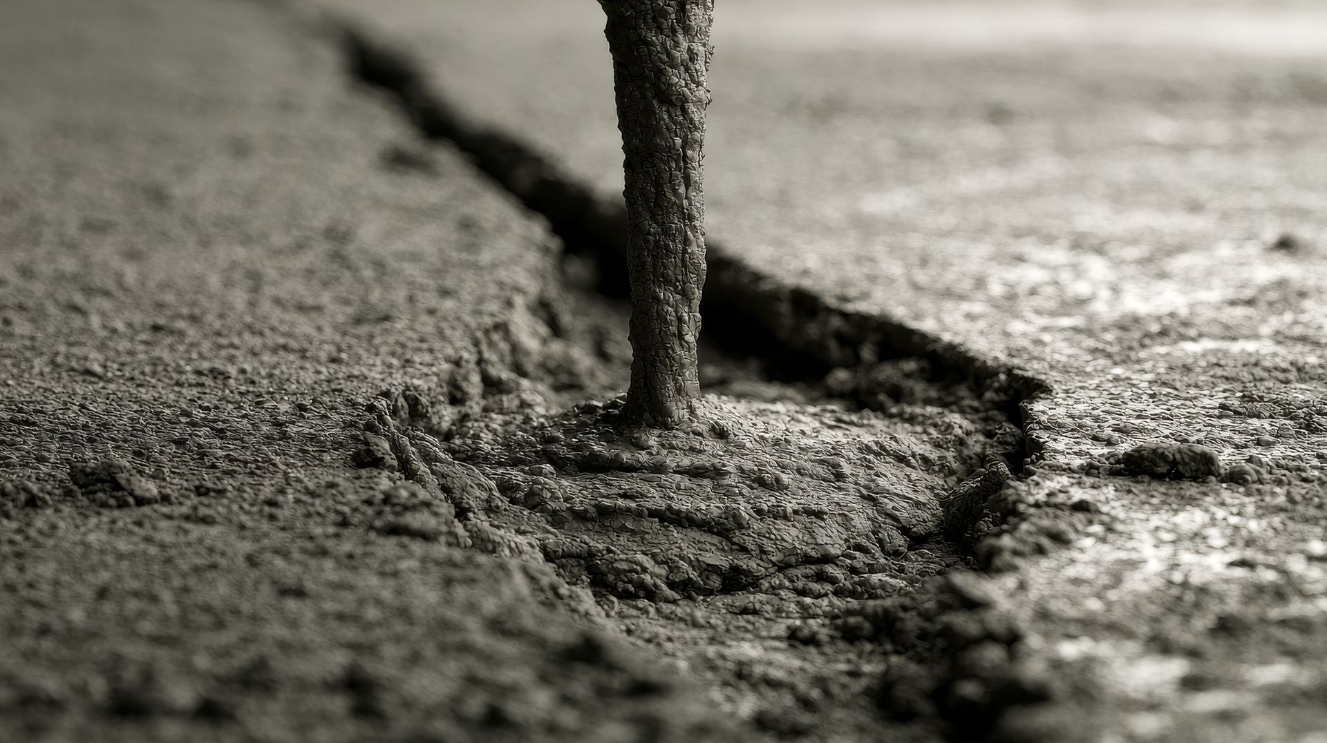 Foundation repair contractor setting a support post in freshly poured concrete on a cracked slab.