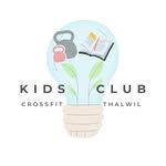 Logo for Kids Club CrossFit Thalwil featuring a lightbulb icon containing a kettlebell, an open book, and plant sprigs.