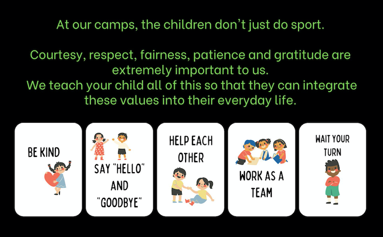 Infographic listing camp values: courtesy, respect, fairness, patience, gratitude, and five social behavior illustrations.