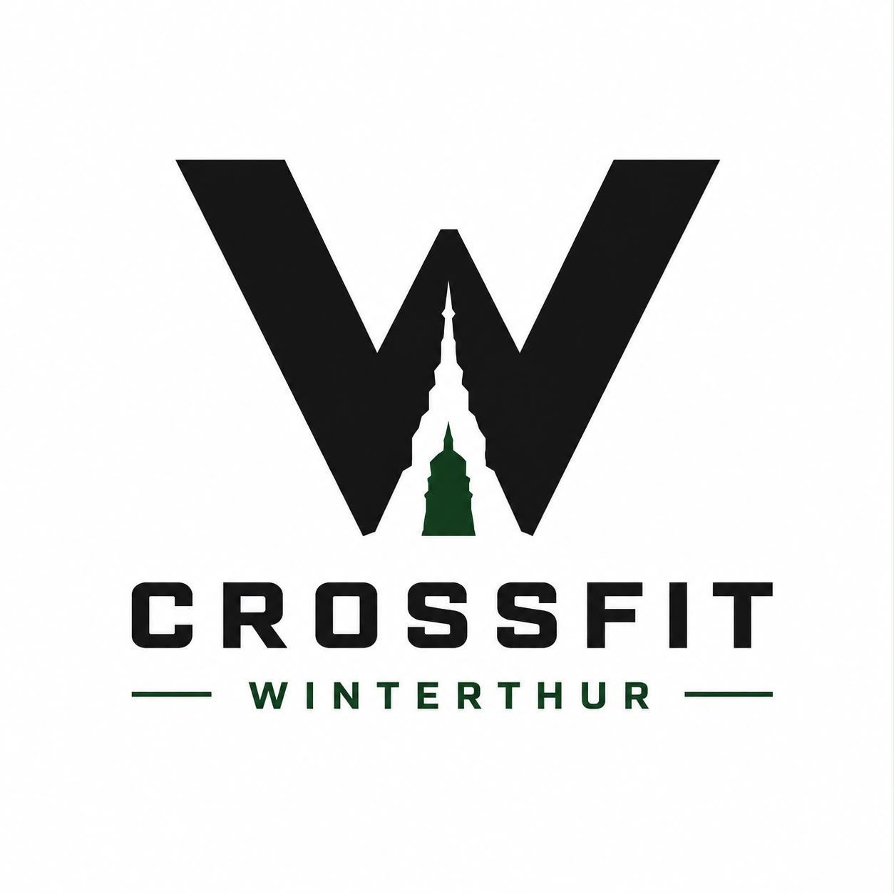 Schwarzes CrossFit Winterthur-Logo mit stilisiertem W und grünem Akzent auf weißem Hintergrund