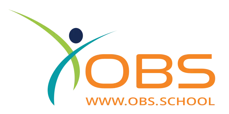 Logo for OBS School, featuring a stylized blue and green abstract human figure next to orange text and the website URL.
