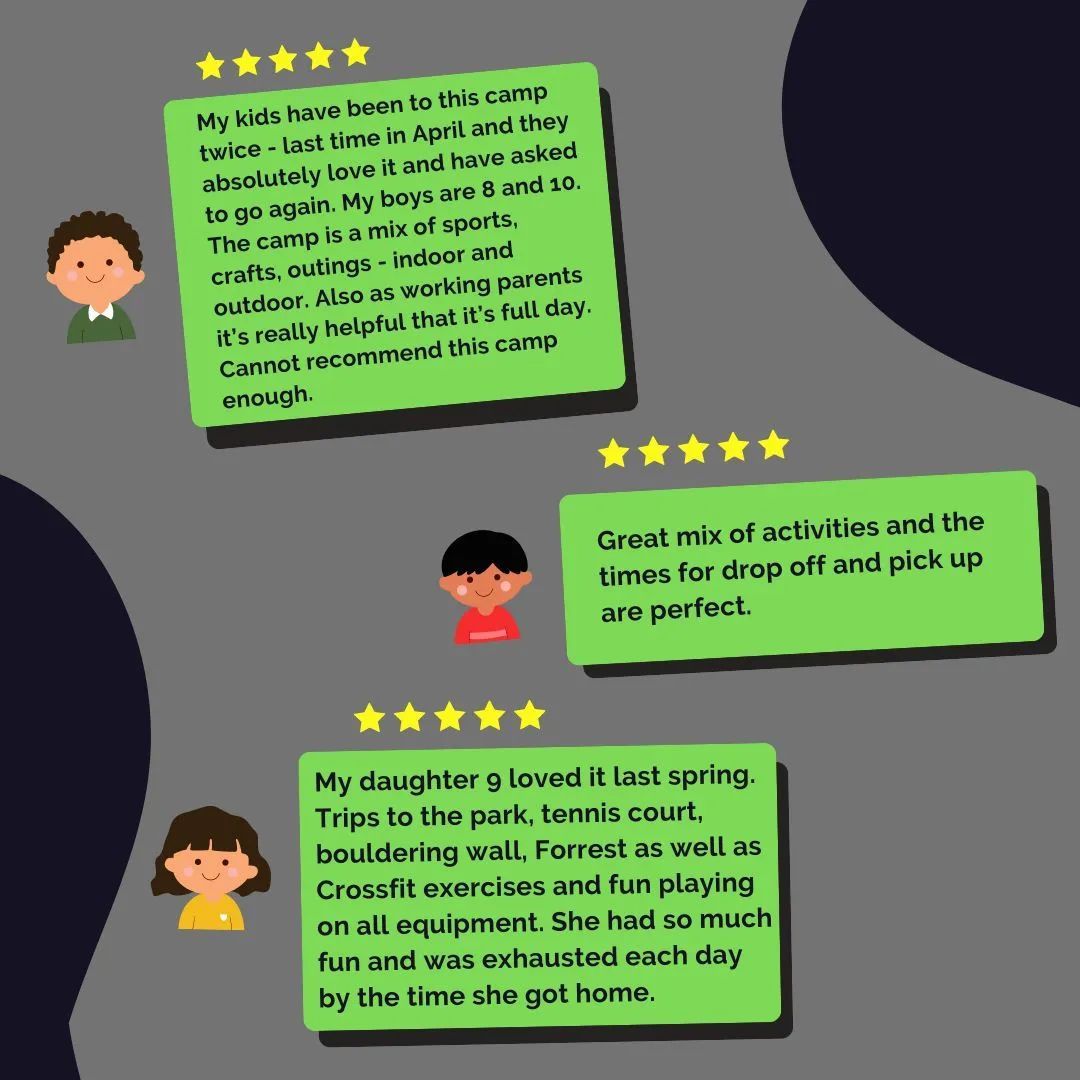 Three five-star reviews on green speech bubbles with simple character illustrations on a grey background.