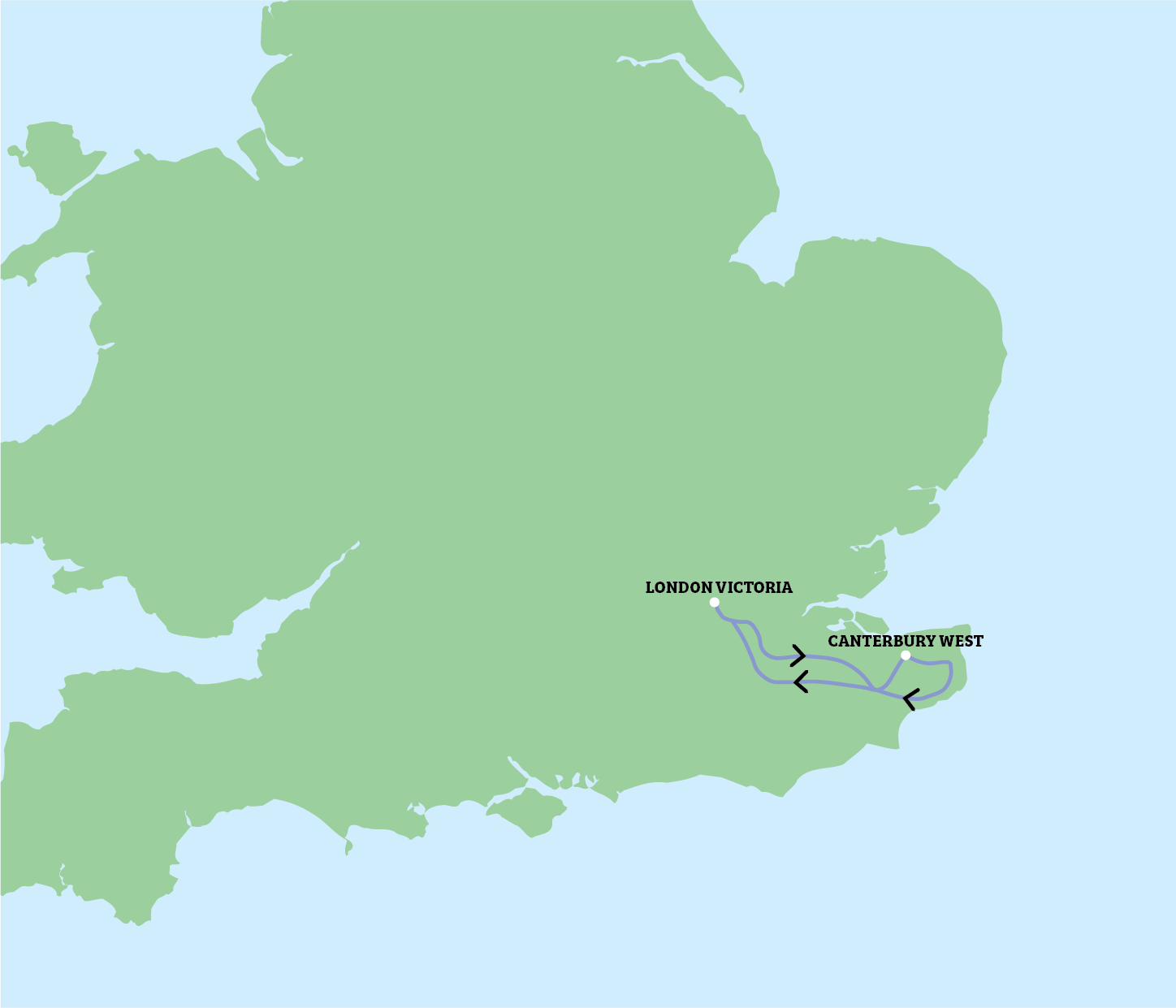 Map of southern England with the English Channel and an arrow pointing east to France.