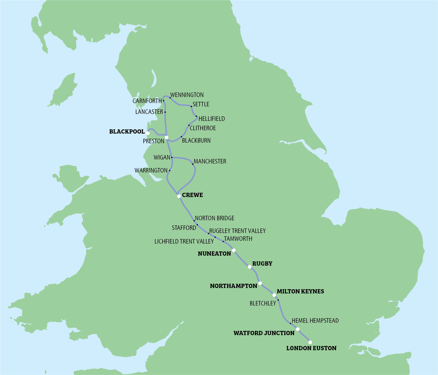 Map of Great Britain with a blue line marking a route through various cities.