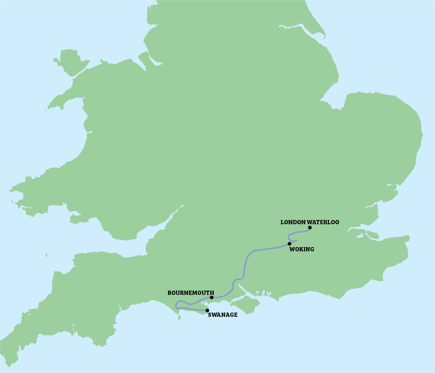 Map of England with labeled locations in the south and central regions.