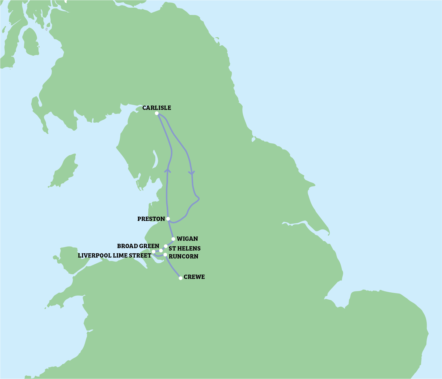 Map of the United Kingdom with a blue line tracing a route from Crewe to Carlisle for the Cumbrian Mountain Express