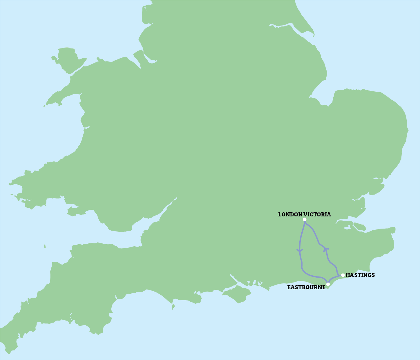 Map of southern England in green with two labeled coastal locations.