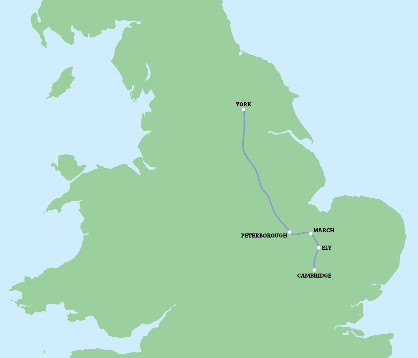 Map of England with marked towns and route lines across the region.