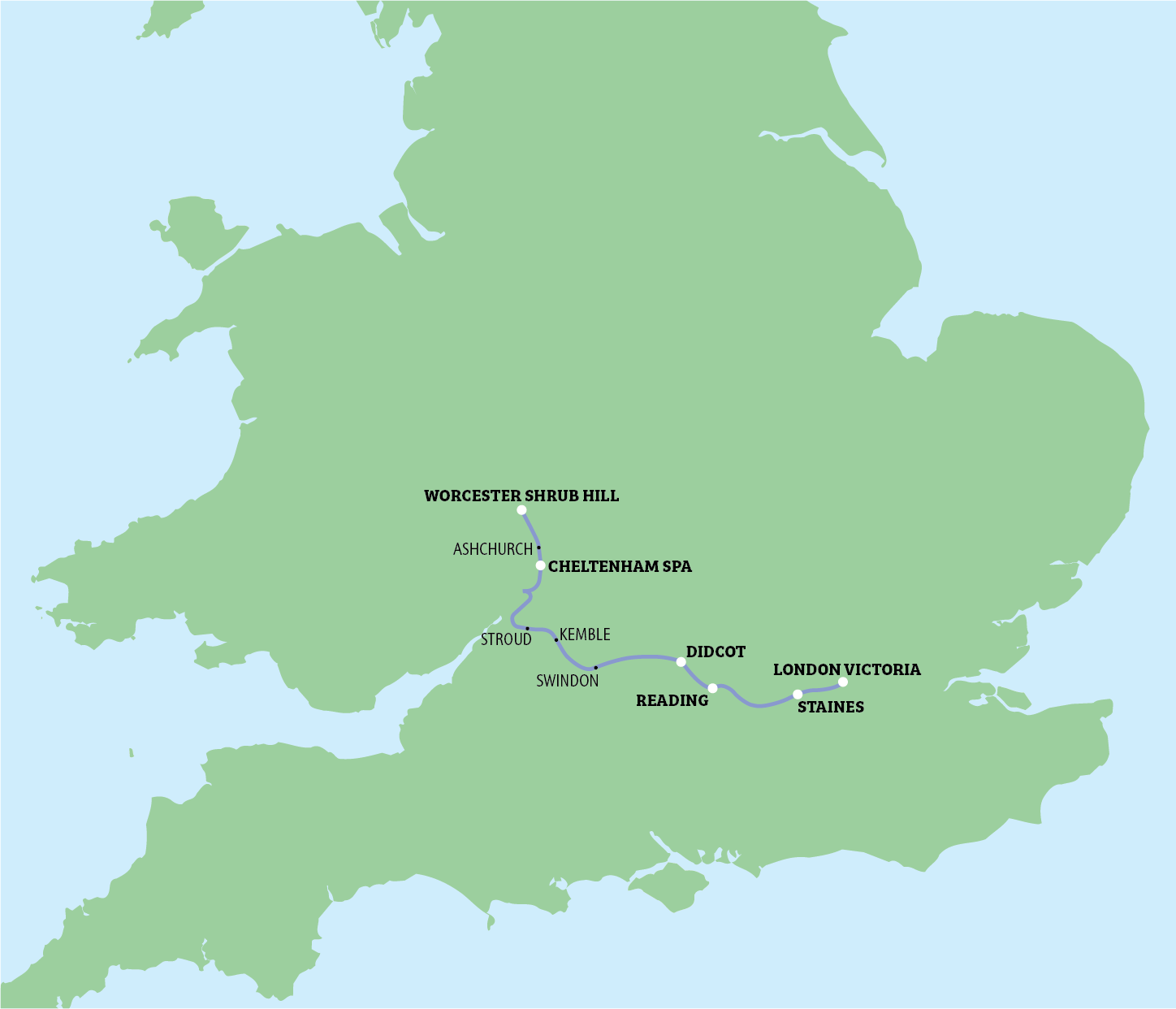 Map of England and Wales with a cluster of labeled locations in central-southern England.