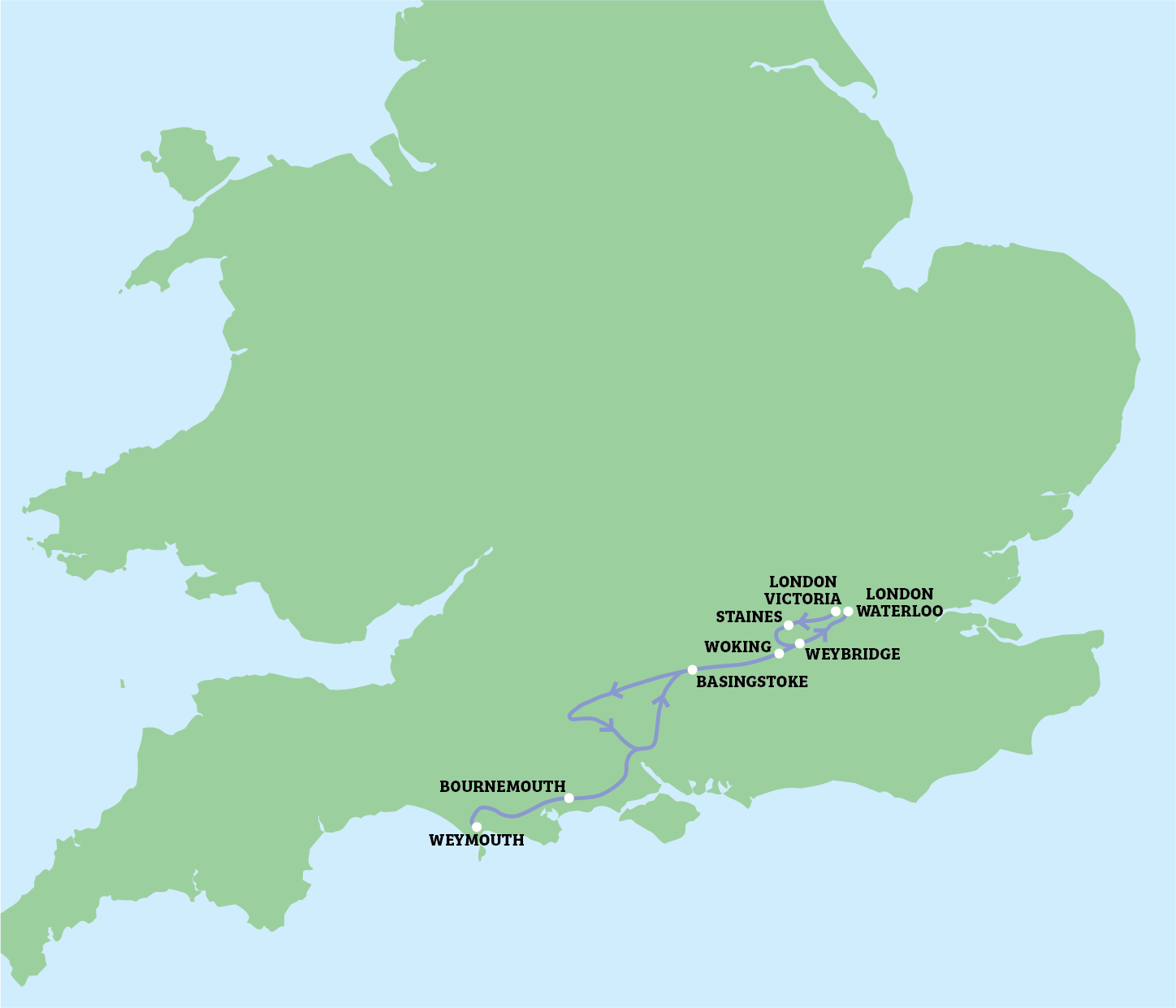 Map of southern England with labeled cities and train route highlighted in blue.