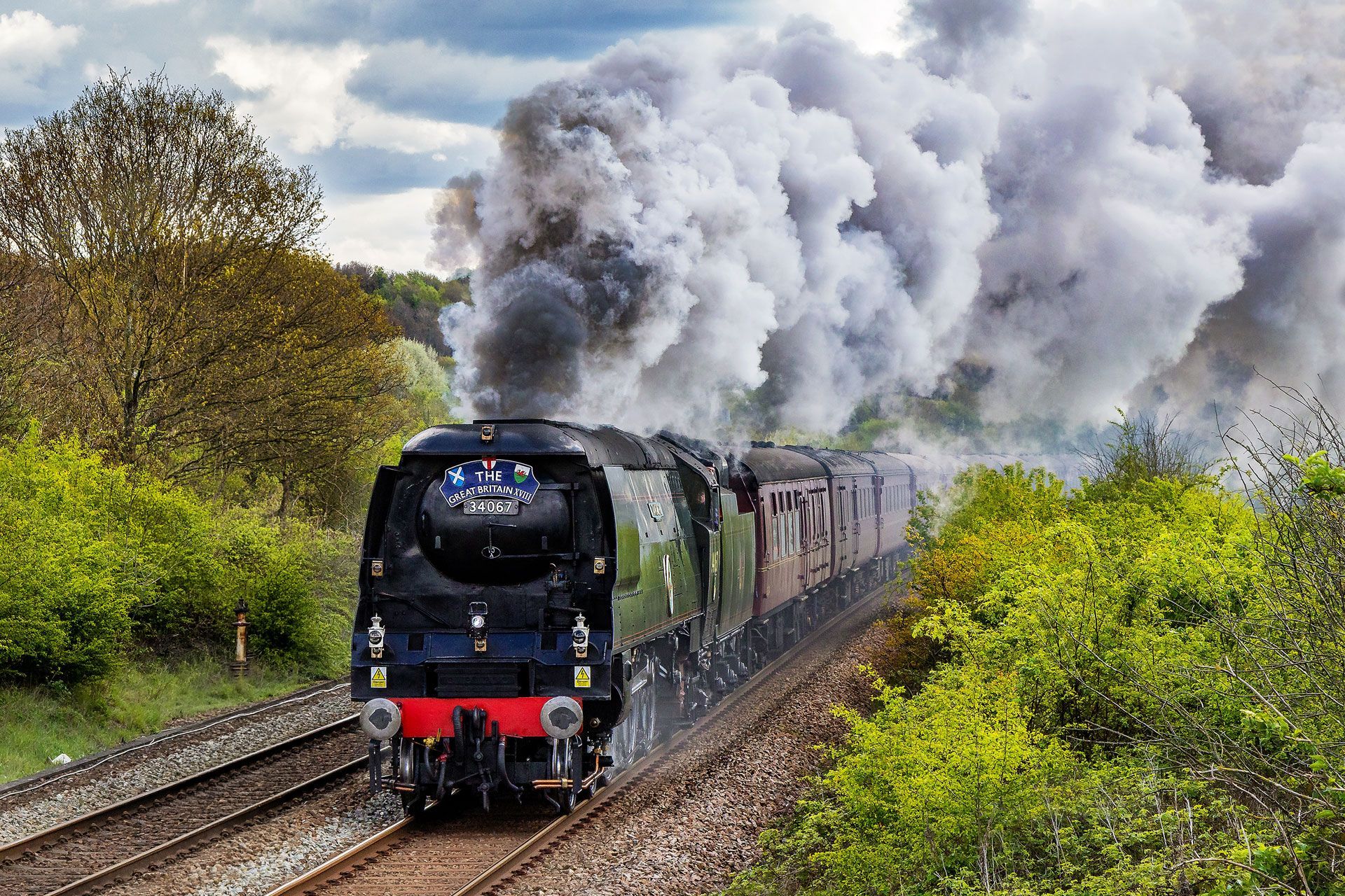 Steam locomotive pulling passenger cars through a leafy countryside, billowing thick white smoke.