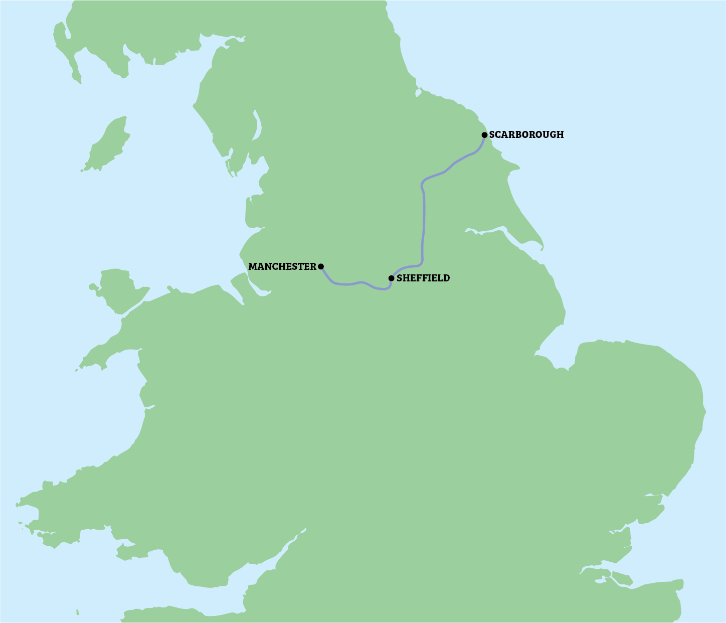 Map of England with regions labeled and highlighted in green on a blue background