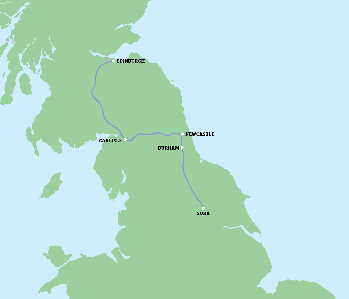 Map of England with marked towns and route lines across the region.