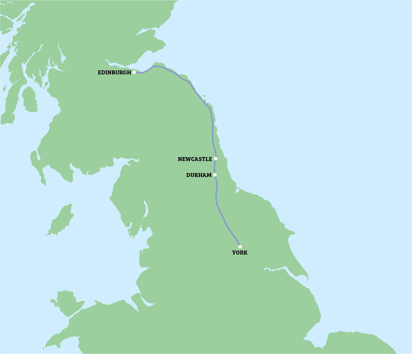 Map of northern England with marked places: Newcastle, Middlesbrough, and York on a green landmass.