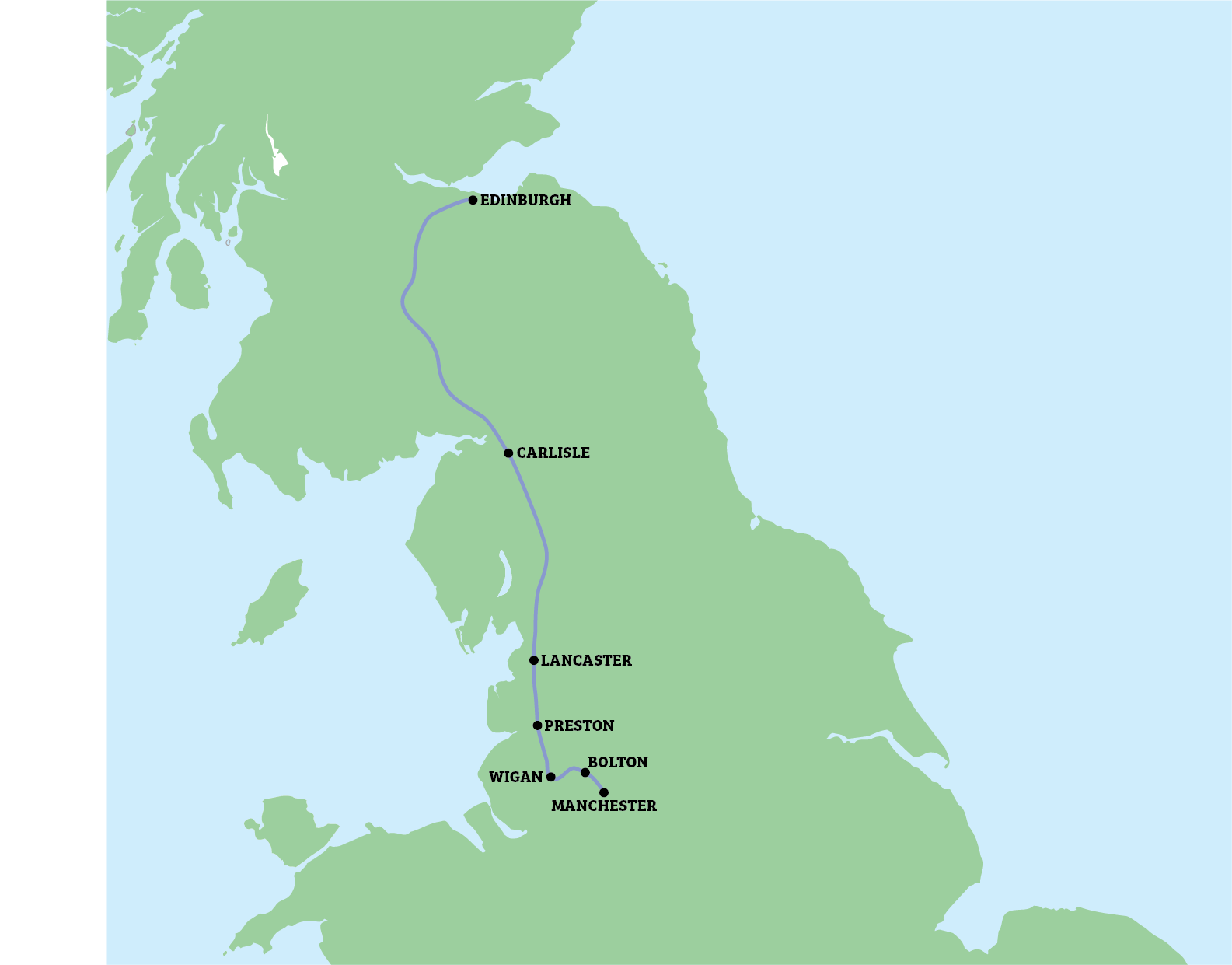 Map of England with location labels and a route line marked on the east side.