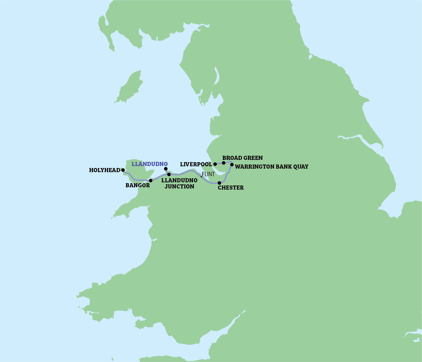Map of Northwest England and Wales, highlighting cities along a route.