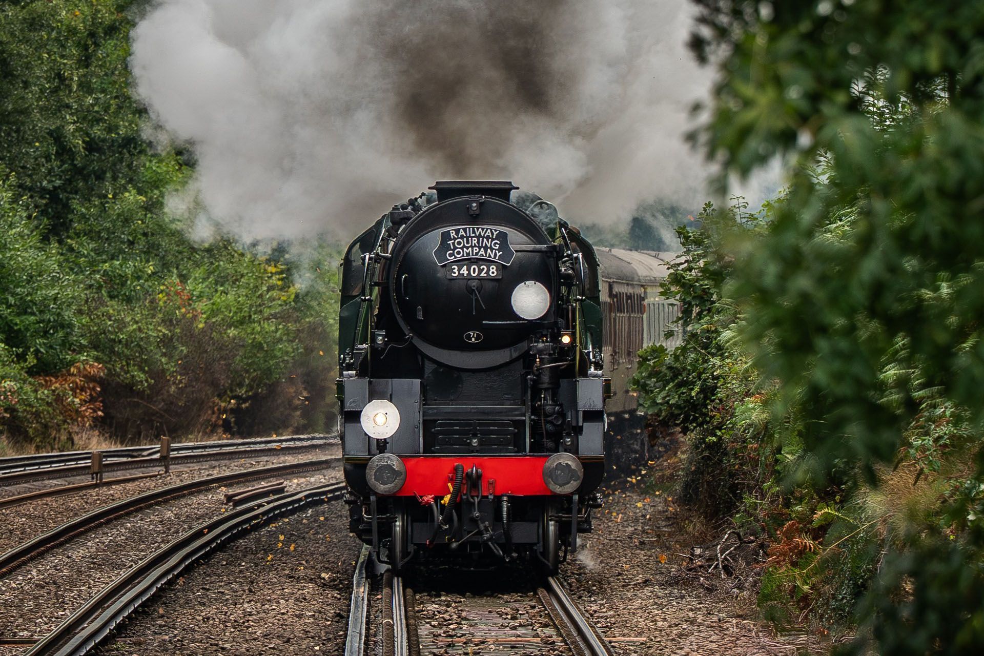 Black steam locomotive chugs down curved tracks through a wooded area, with smoke billowing overhead