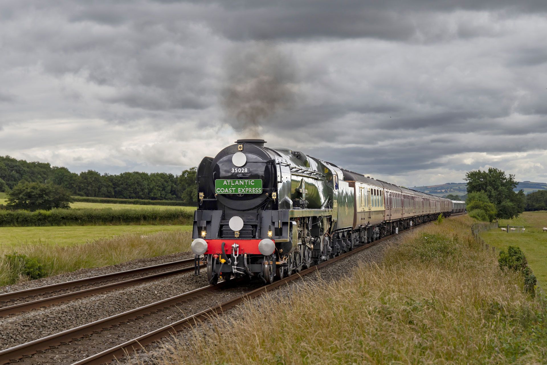 Steam locomotive pulling a long train through rural fields under cloudy skies