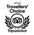 2023 Tripadvisor Travellers’ Choice award badge with owl logo in black and white