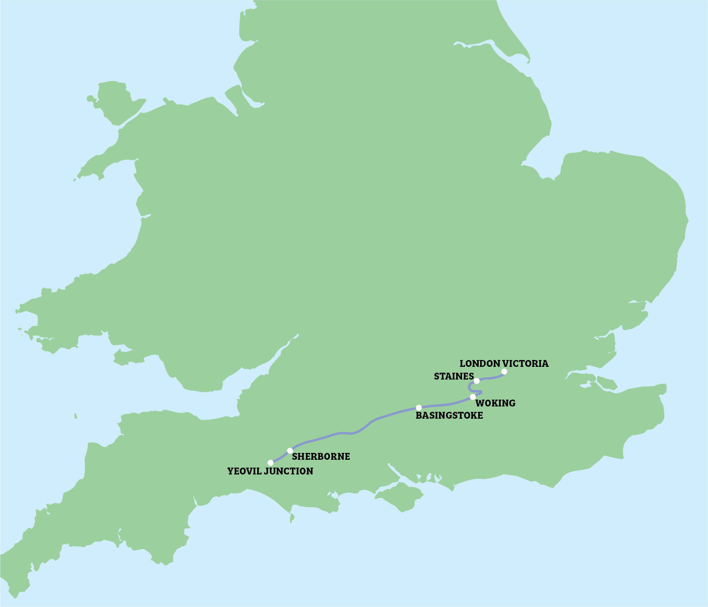 Map of southern England with a route line and several labeled stops from west to east.