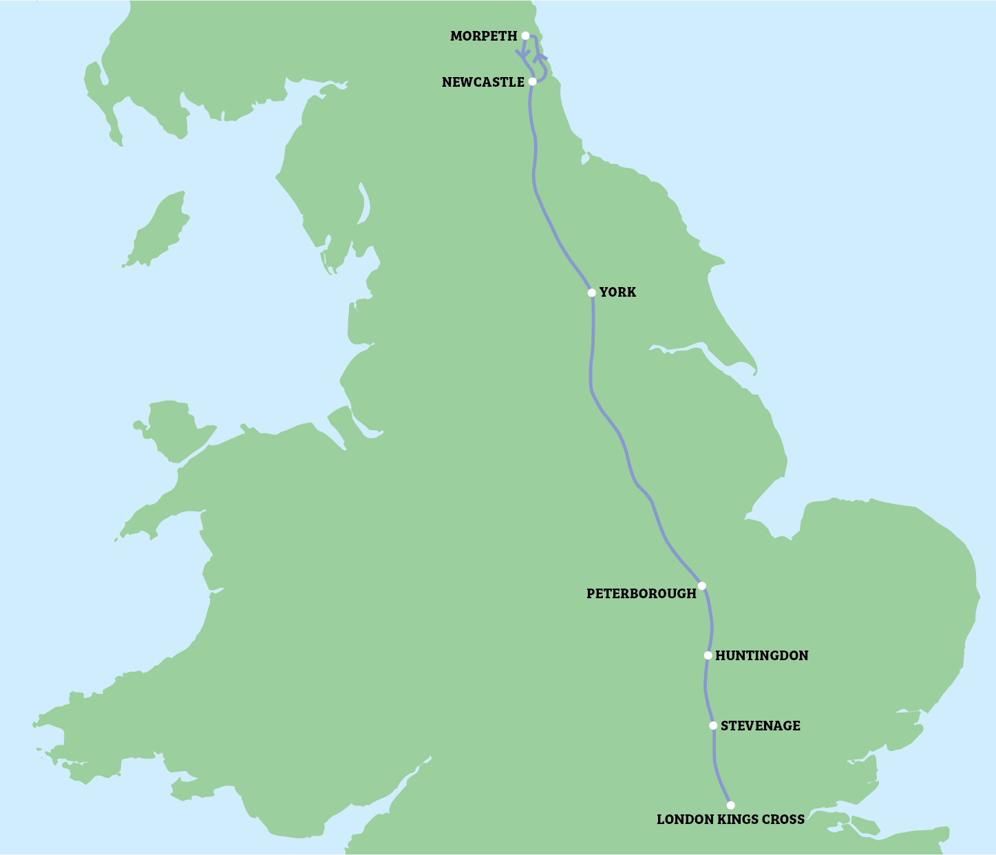 Map of England showing a north-south line connecting: Newcastle, York, Nottingham, and London.