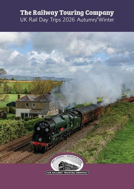 Steam locomotive on a countryside railway, with a purple brochure header reading “The Railway Touring Company”