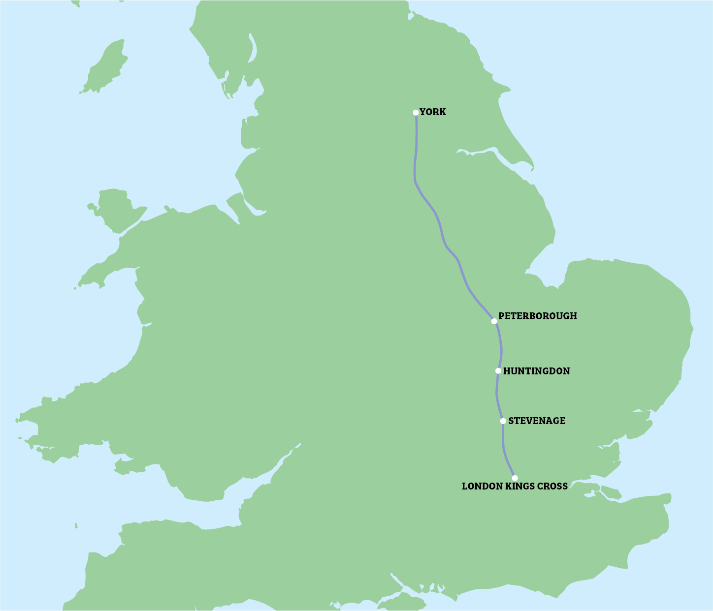 Map of England with a highlighted route and several labeled stops down the east side.