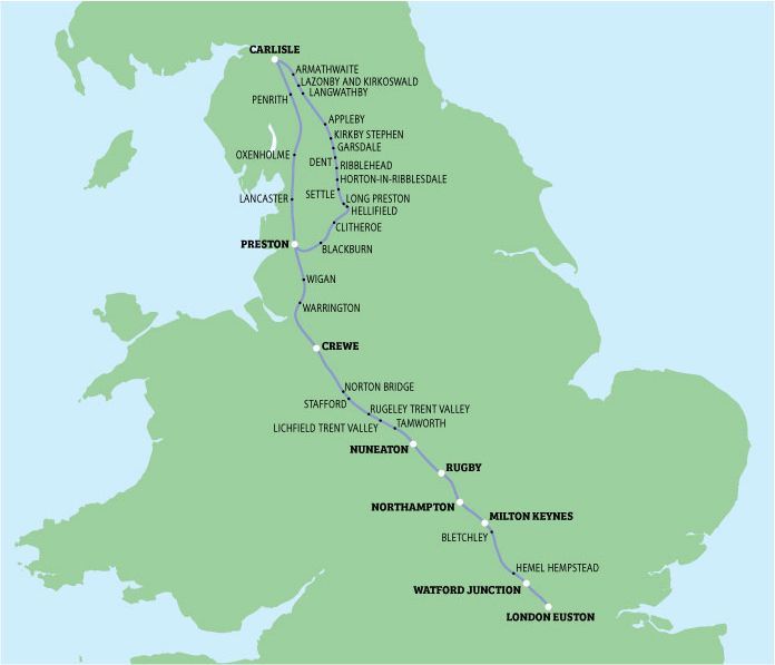 Map showing a railway line from Carlisle to London, England.
