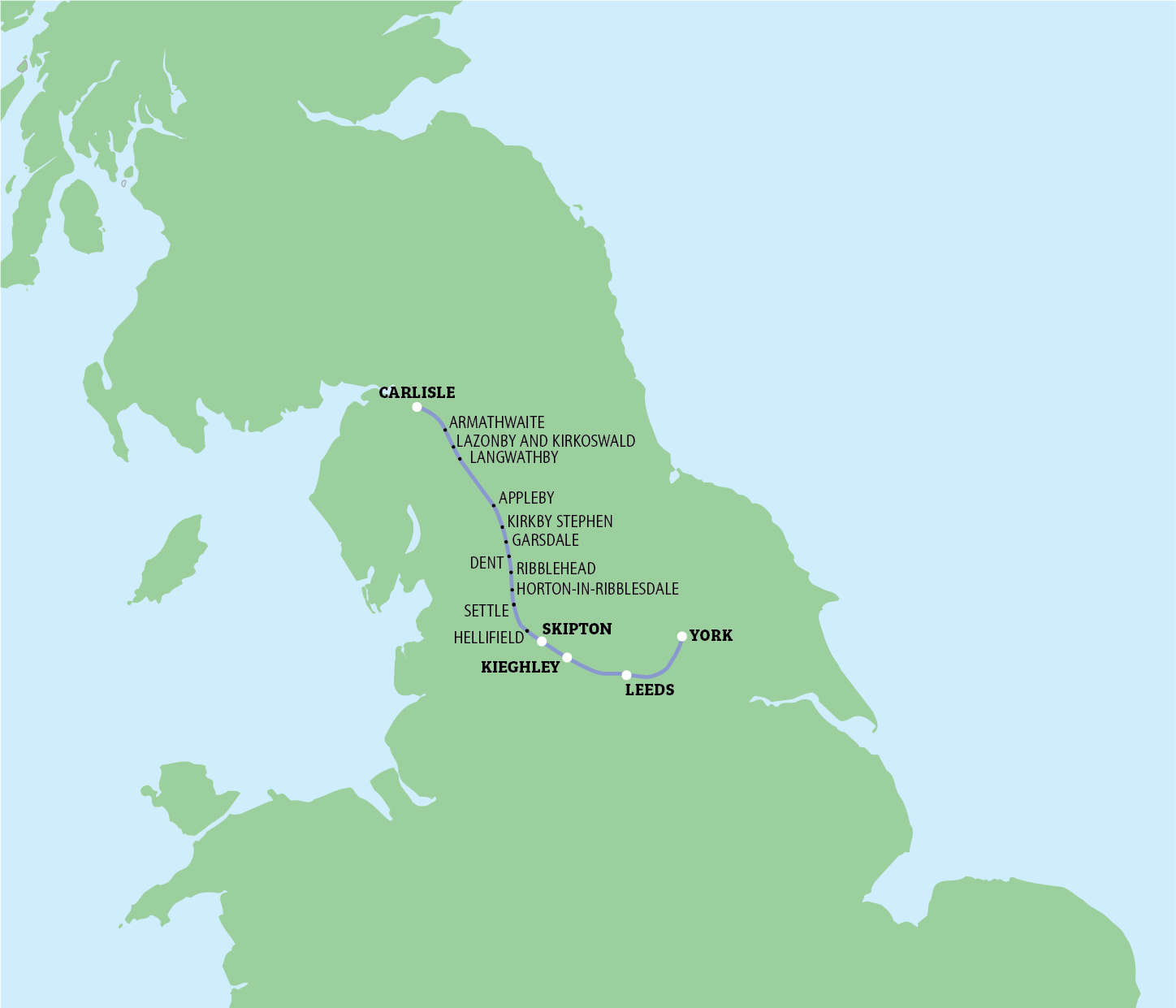 Map of the UK showing a route through several cities, starting in York and ending in Carlisle.