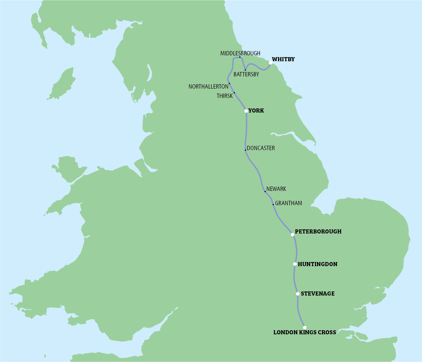 Green map of England with black labels marking towns and counties