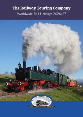 Steam locomotive pulling red carriages under a huge white plume, titled