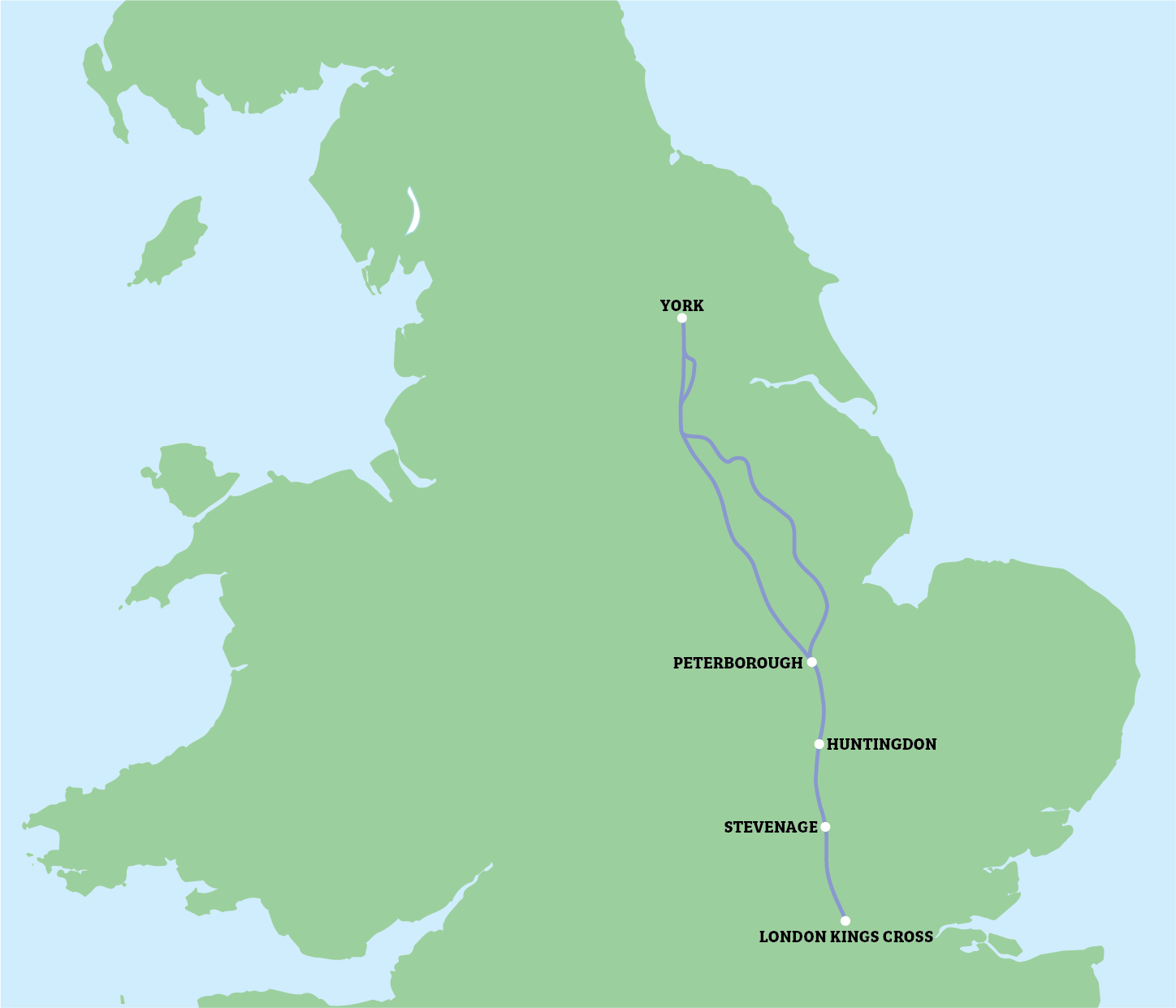Map of England showing a blue route from London to York.