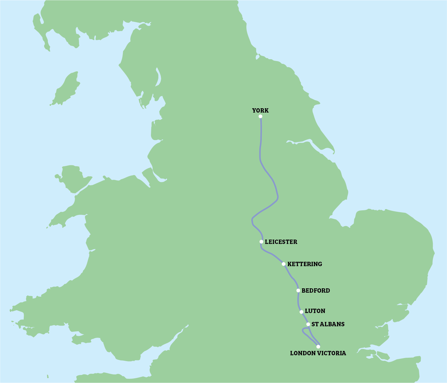 Map of England and Wales with a blue route line and several labeled stops along the path