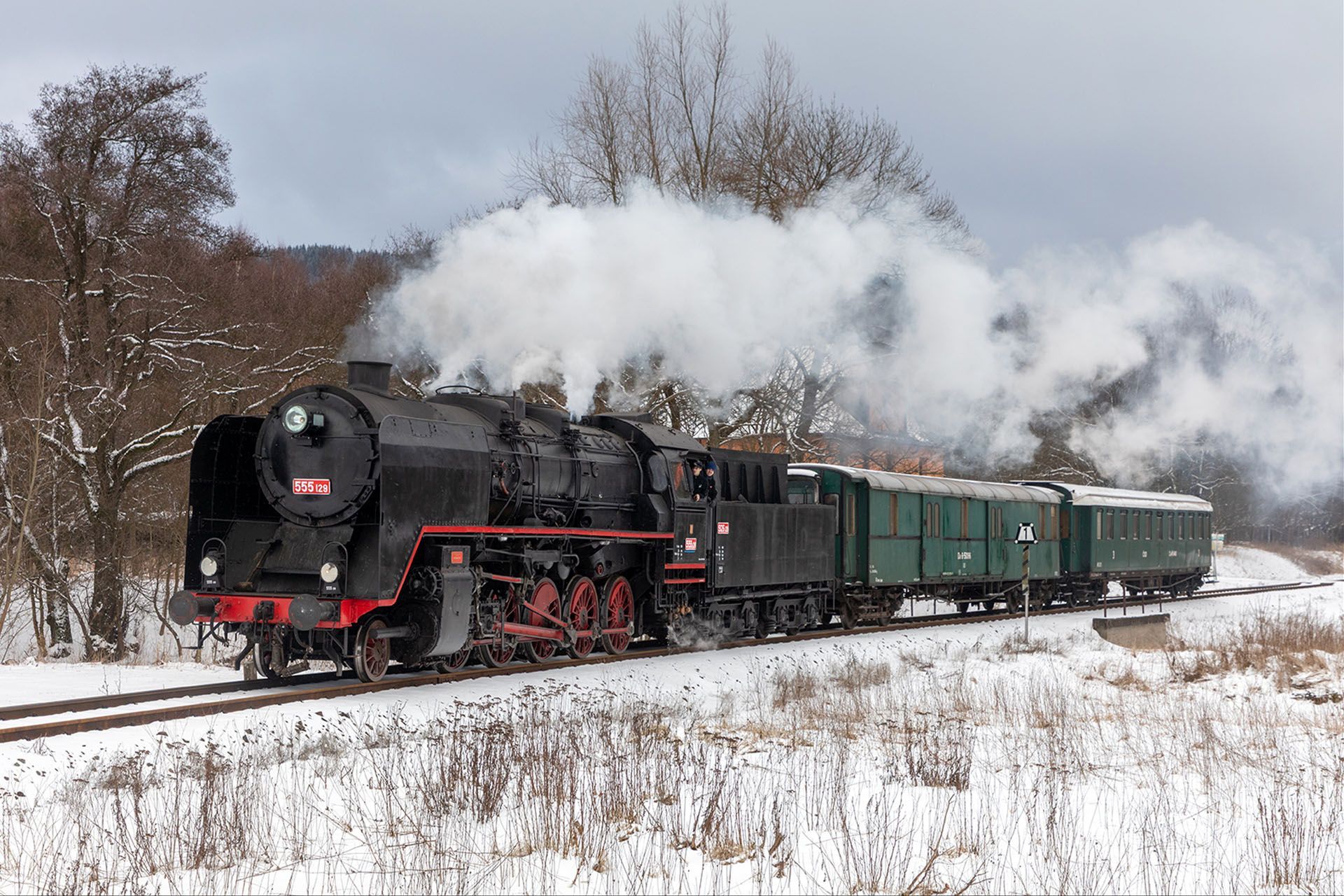 Black steam locomotive pulling green passenger cars through a snowy winter landscape