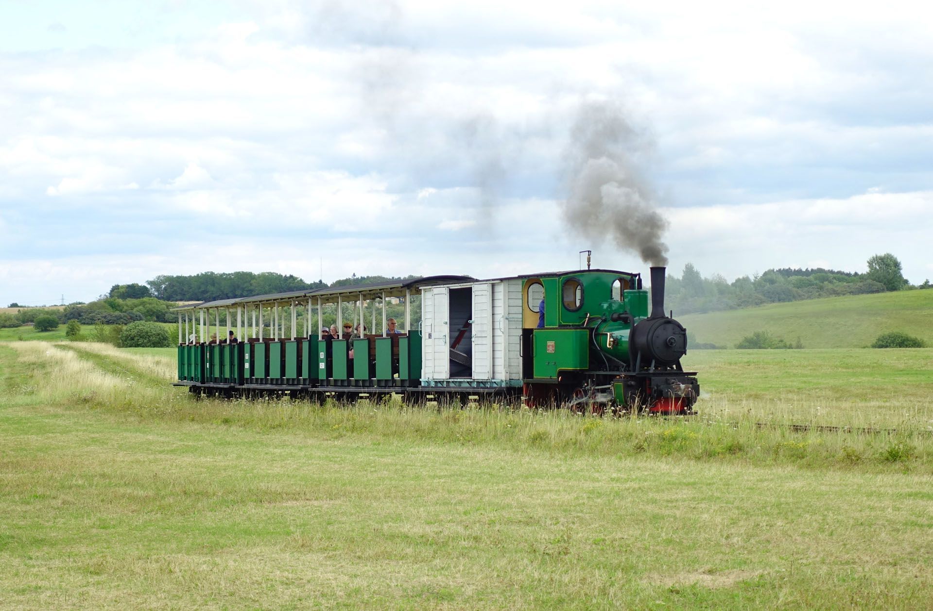 Green steam locomotive pulling a short passenger train through a grassy field under a cloudy sky