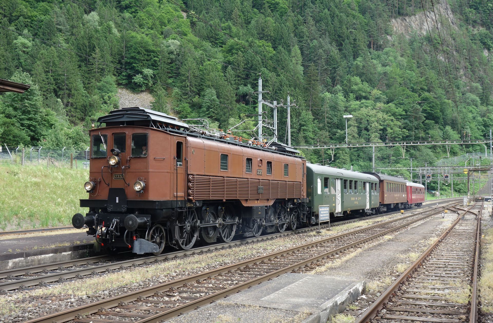 Brown vintage train on tracks in a forested mountain rail yard, with several cars behind it