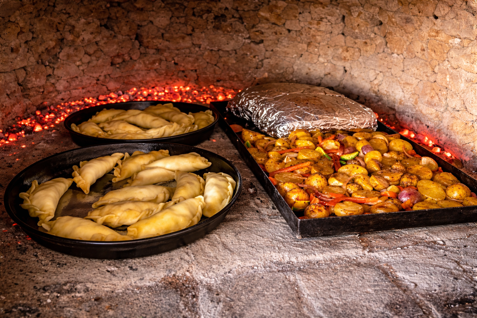 Dos sartenes de empanadas y una bandeja de patatas y verduras asadas horneándose